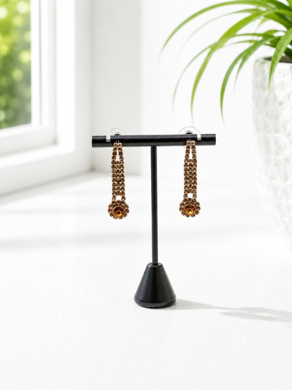 Gold-Tone Rhinestone Drop Earrings With Yellow Gemstone Accents Vintage Style
